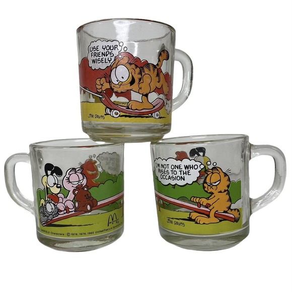 McDonald's Dining 3 Vintage Garfield Glass Coffee Cups Mcdonalds